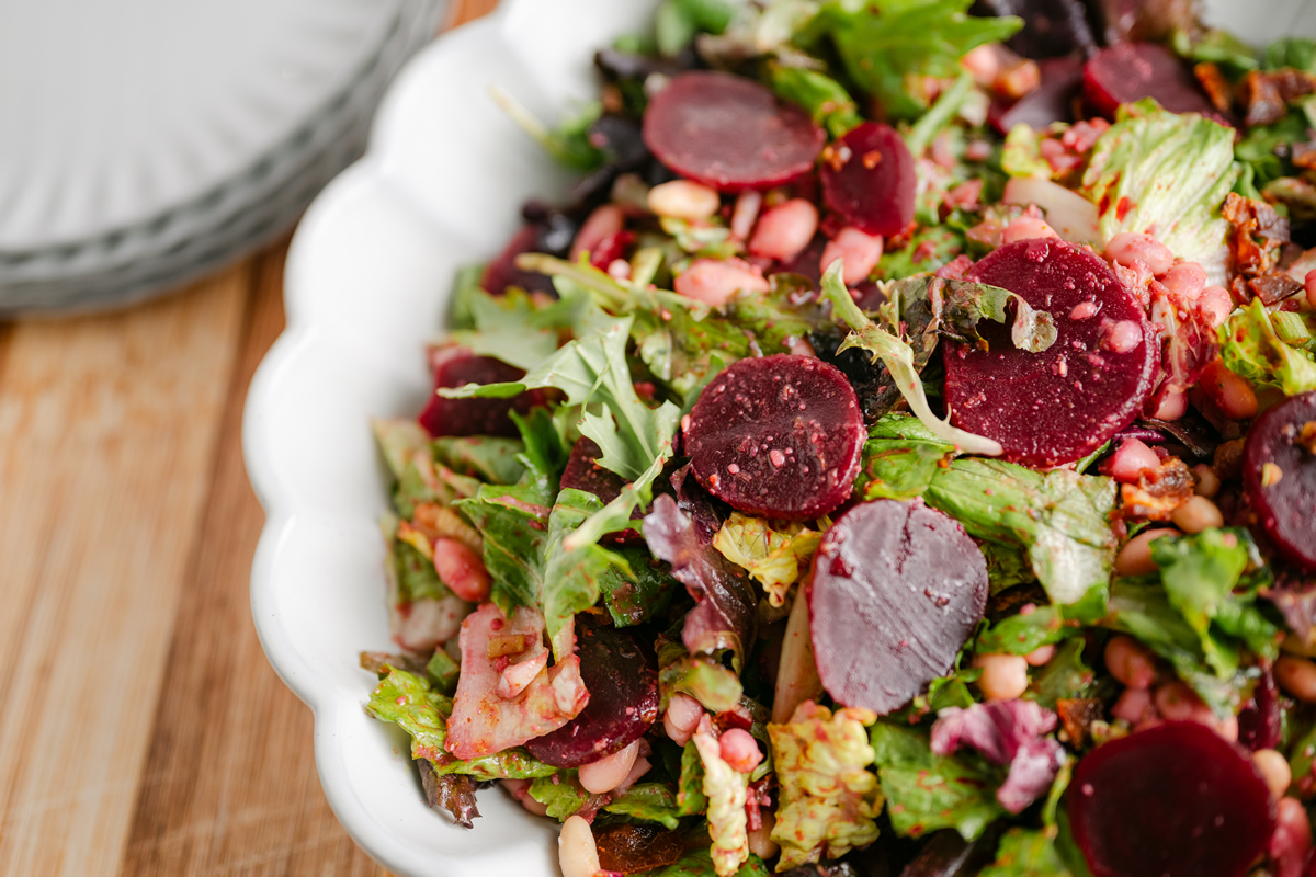 • Beet + Bean Salad with Warm Basil-Bacon Dressing