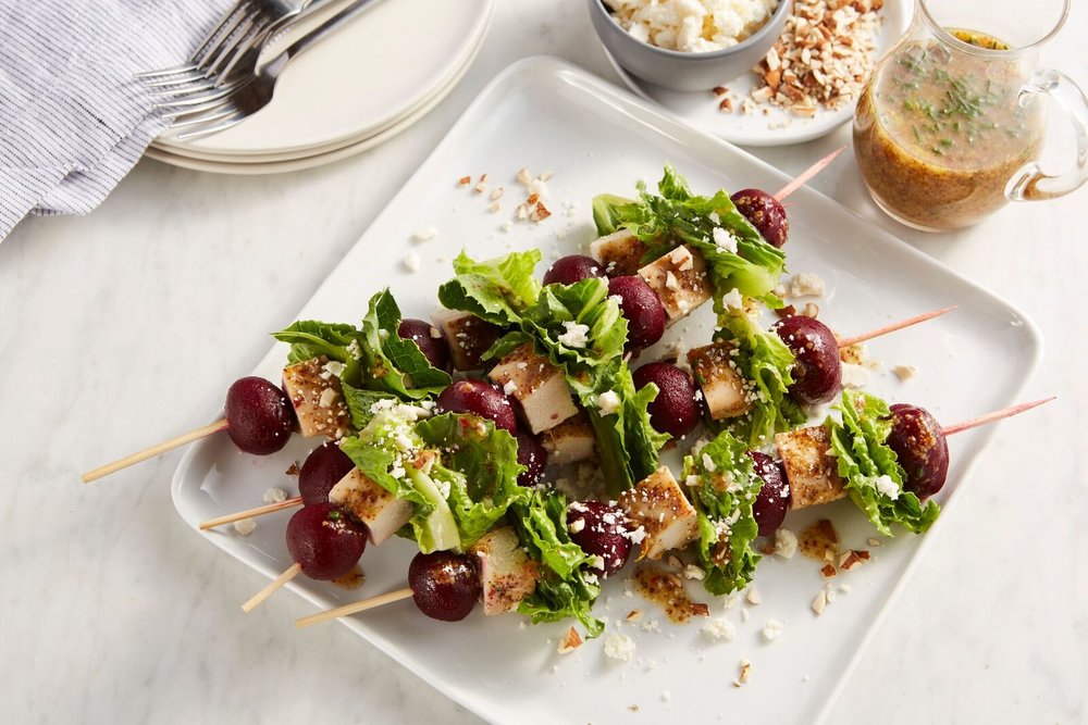 Ruby Beet Chicken Salad Skewers with Citrus-Stone Ground Mustard Vinaigrette