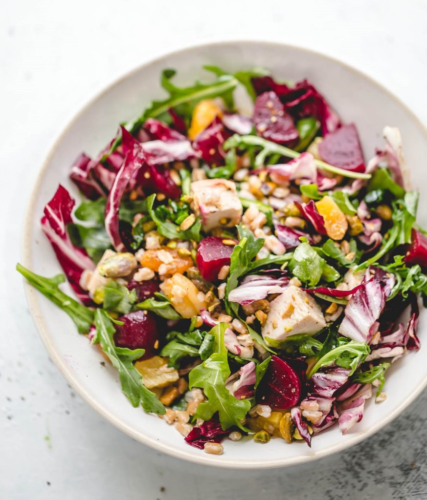 Farro Beet Mason Jar Salad with Pistachios and Apricots