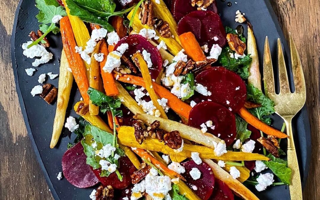 Beet and Roasted Carrot Salad with Kale, Spicy Pecans and Goat Cheese