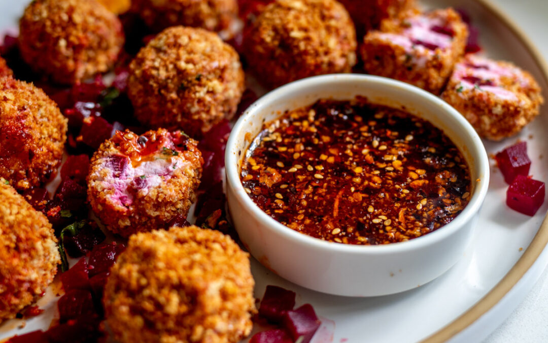 Crispy Goat Cheese & Pickled Beet Balls with Chili Crisp Honey