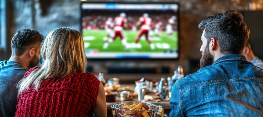 Friends Enjoying a Home Tailgate Party. Watching Sports Game on TV, Back View, Shared Excitement