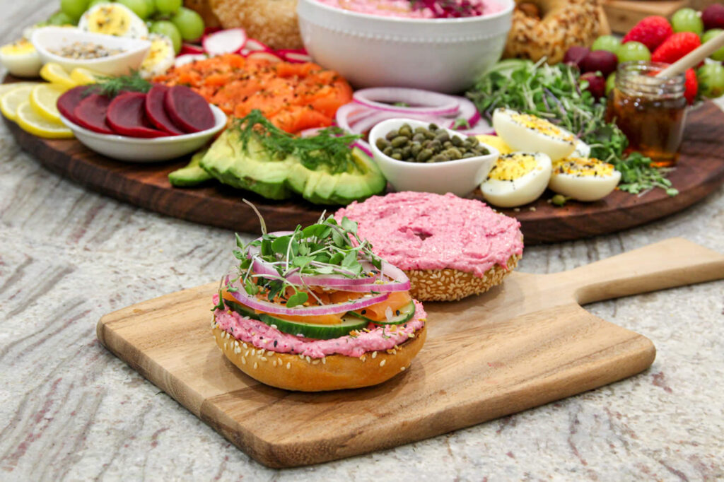 Breakfast Bagel Sandwich with Beet Cream Cheese SpreadDiced Pickled Beets