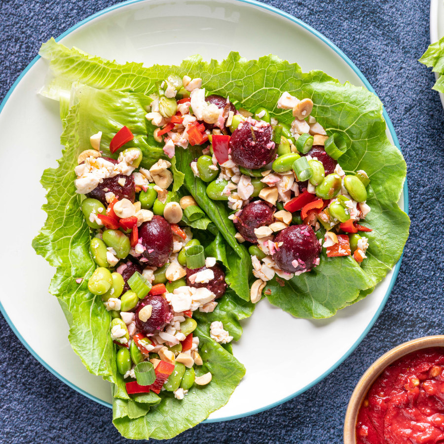 aunt nellie's beet and edamame lettuce wraps with peanut dipping sauce