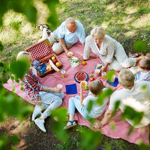 Three generations having lunch on the ground