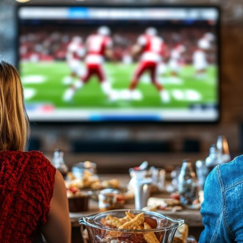 Friends Enjoying a Home Tailgate Party. Watching Sports Game on TV, Back View, Shared Excitement