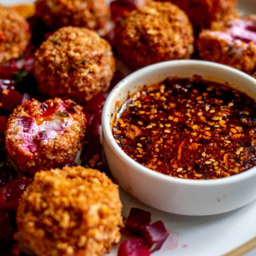 Crispy Goat Cheese & Pickled Beet Balls with Chili Crisp Honey