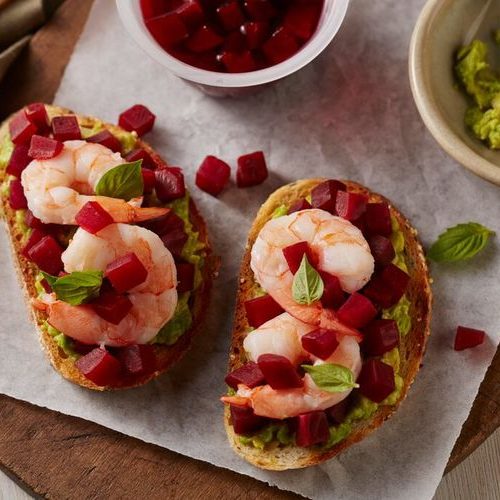 Beet Shrimp Avocado Tartine