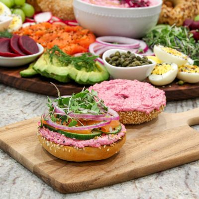 Breakfast Bagel Sandwich with Beet Cream Cheese SpreadDiced Pickled Beets