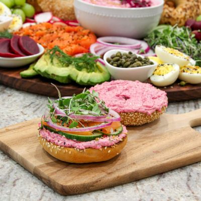 Breakfast Bagel Sandwich with Beet Cream Cheese SpreadDiced Pickled Beets